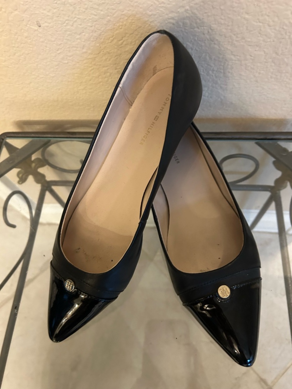 Tommy Hilfiger Black Pointed Toe Patent Cap Flats